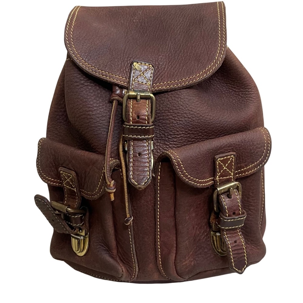 Roots x Enzo Angiolini VTG Leather  Brown Buckle Drawstring Flap Backpack Purse‎